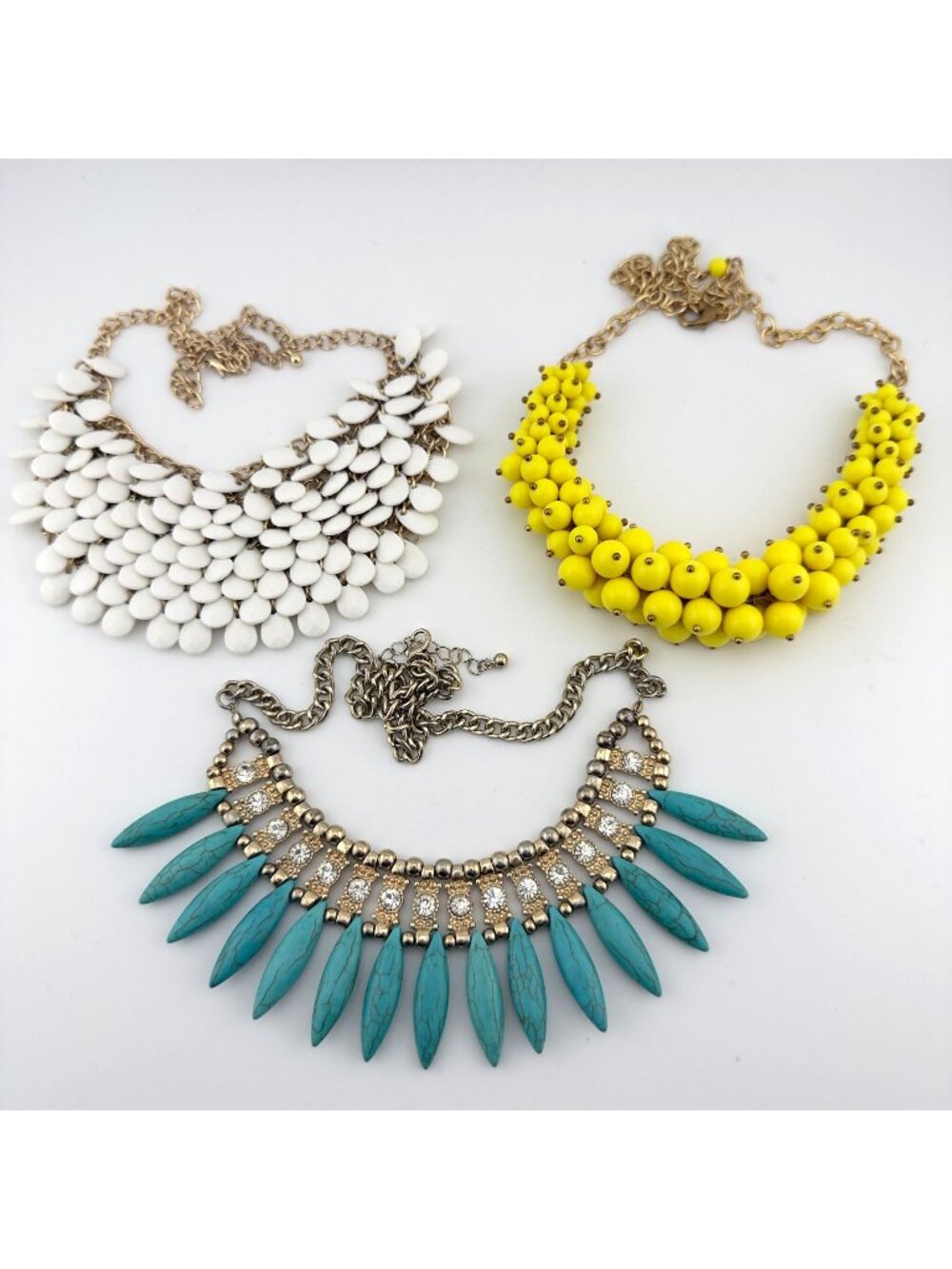 Set Of 3 Statement Bib Necklaces White Yellow Blue Gold Tone